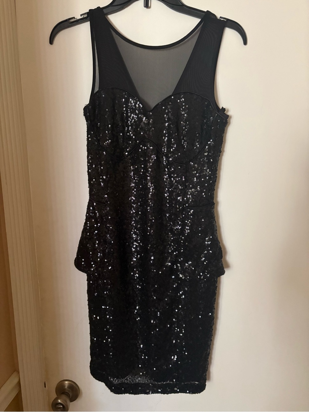 bebe Black Sequin Mesh Peplum Midi Dress
